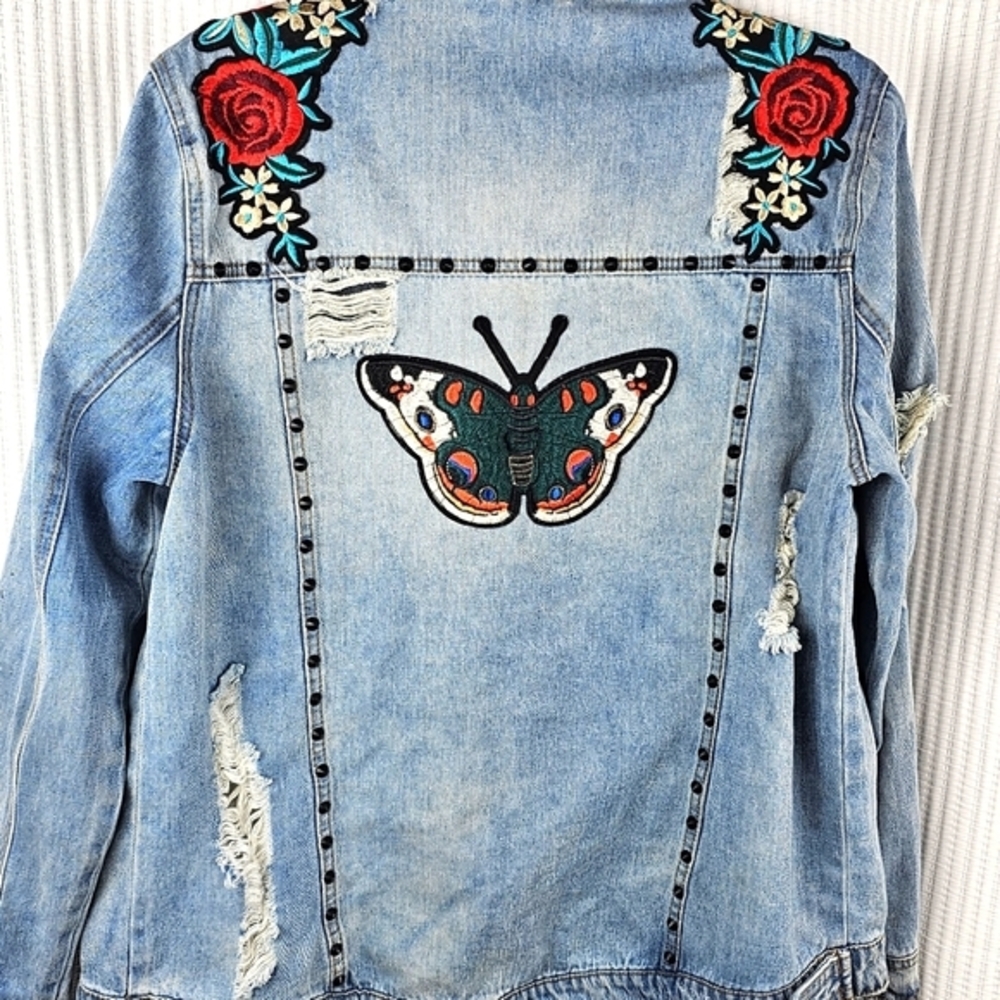 Floral Embroidered Denim Jacket with Butterfly Design